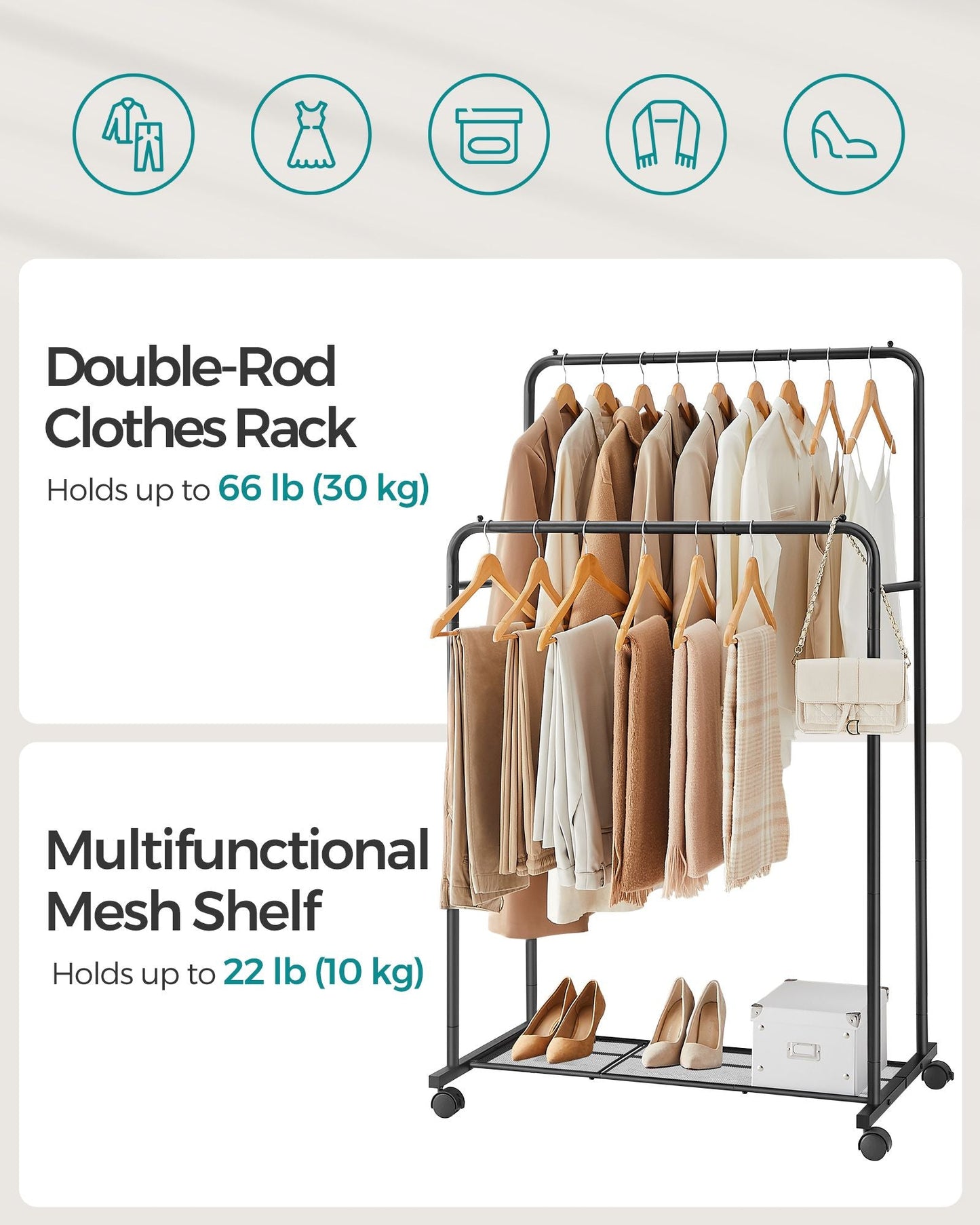 Double Rods Clothing Rack with Wheels
