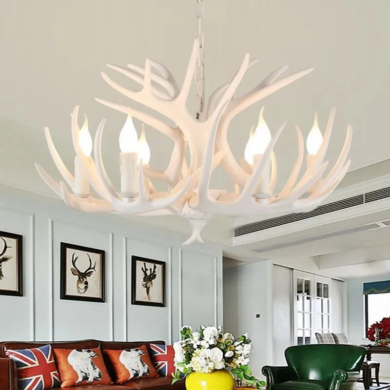 European Country LED Antler Chandelier - Retro Resin Deer Horn Ceiling Lamp for Home Kitchen Decor Lighting