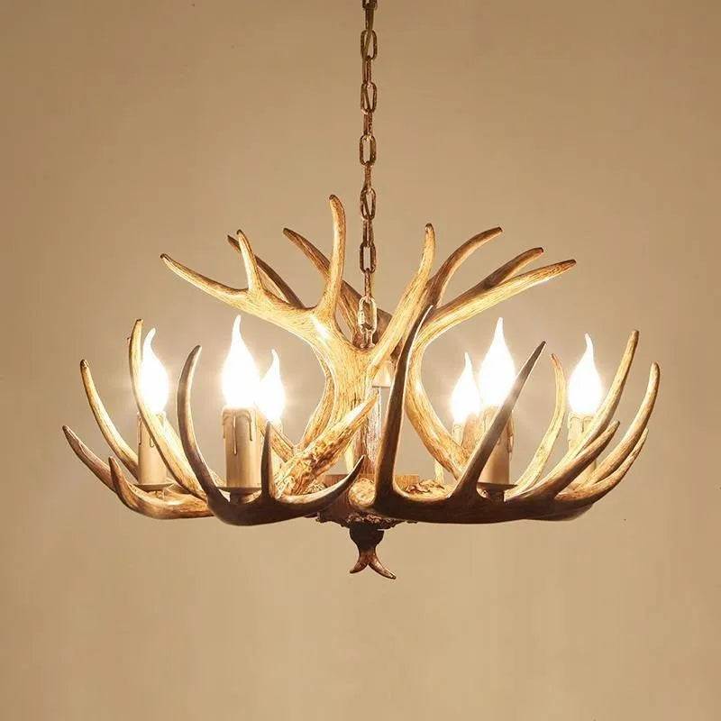 European Country LED Antler Chandelier - Retro Resin Deer Horn Ceiling Lamp for Home Kitchen Decor Lighting