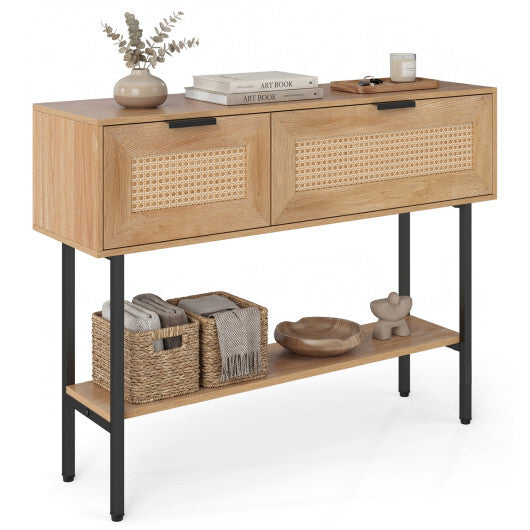 Rattan Console Table with 2 Storage Cabinets Shelf Carbon Steel Frame-Black