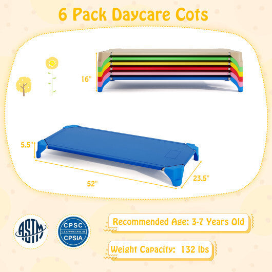 Portable 6 Pack Stackable Daycare Cots Sleeping Bed for Kids 52 Inch-Blue