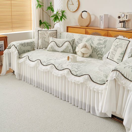 Farmhouse Ruffled Lace Sofa Slipcover Vintage Furniture Protector with Botanical Print
