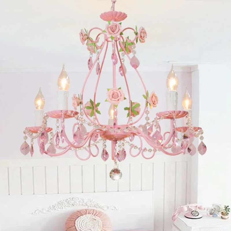 Contemporary Pink Ceiling Chandelier - E14 LED Lighting with Crystal, Iron, and Ceramic Accents