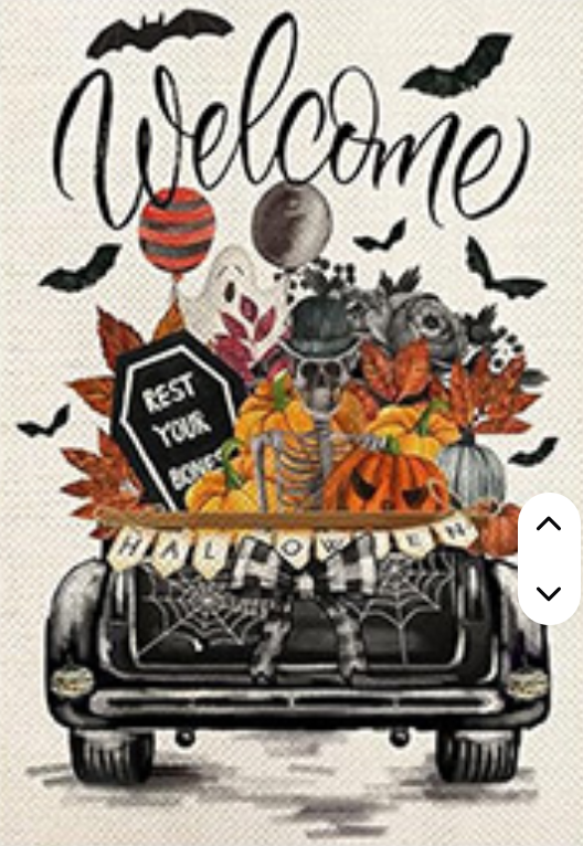 Welcome Garden Flags Truck Series of 12 featuring Halloween skeleton design with pumpkins and bats.