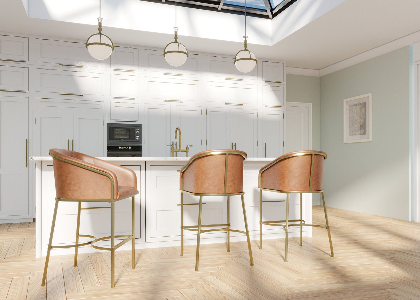 Greensboro Barstool in Brown at a modern kitchen island with stylish brass accents.