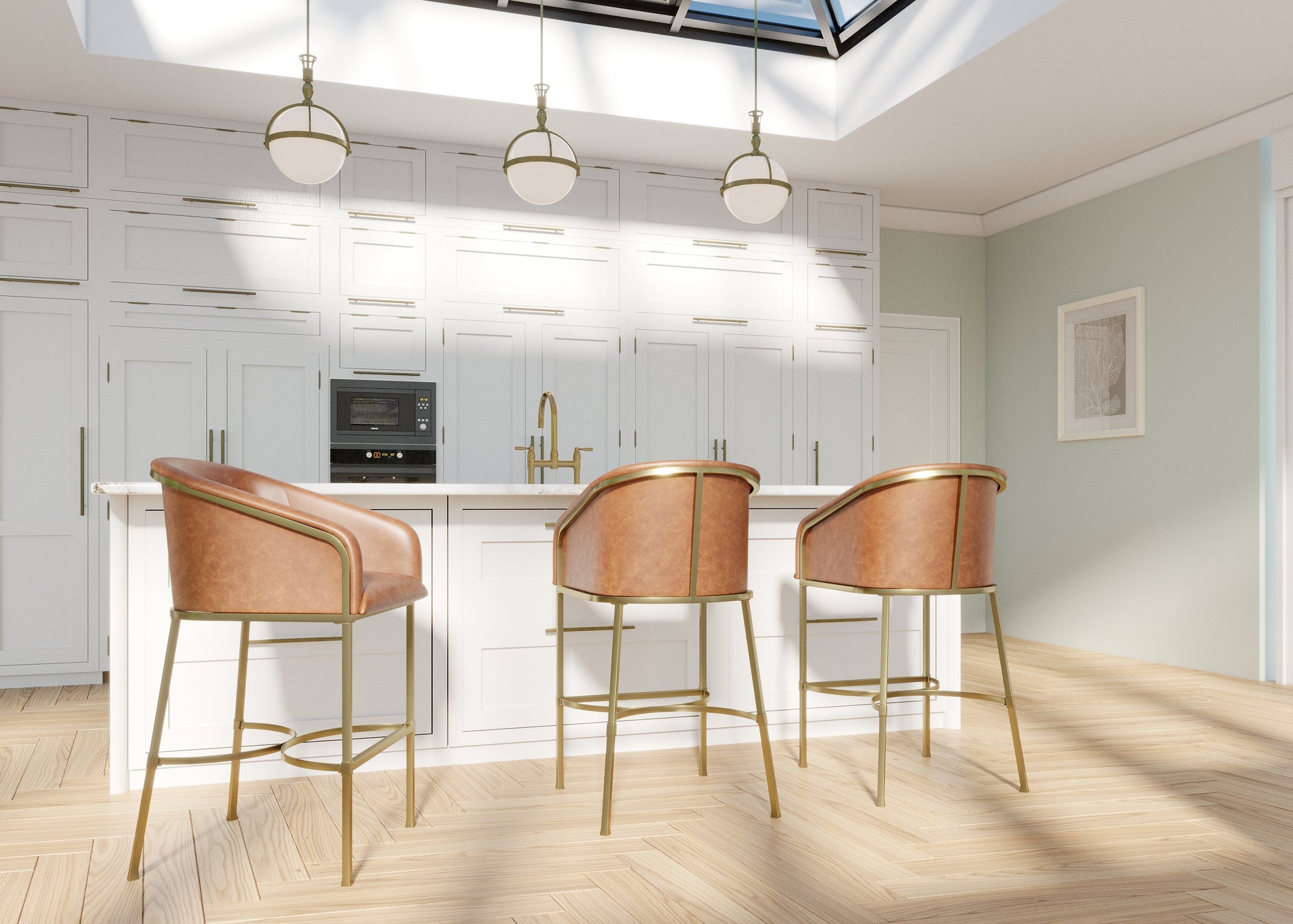 Greensboro Barstool in Brown at a modern kitchen island with stylish brass accents.