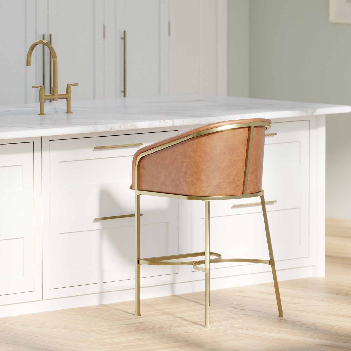 Greensboro Barstool in Brown with polished brass accents in a modern kitchen setting.