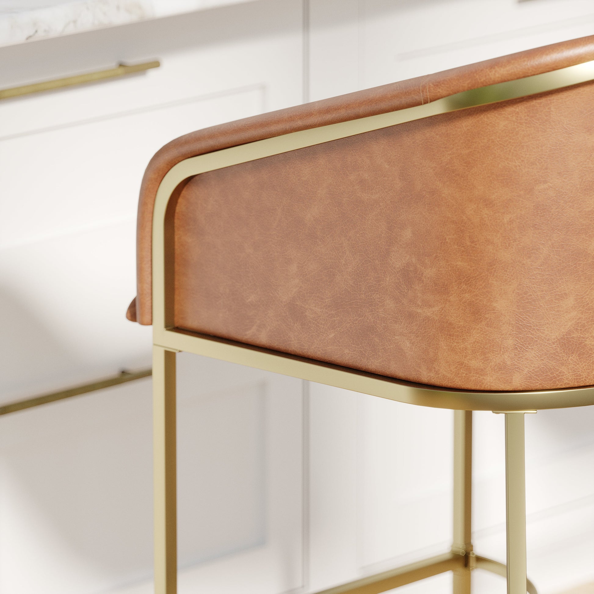 Greensboro Barstool in Brown with PU upholstery and brass accents, showcasing modern design and comfort.