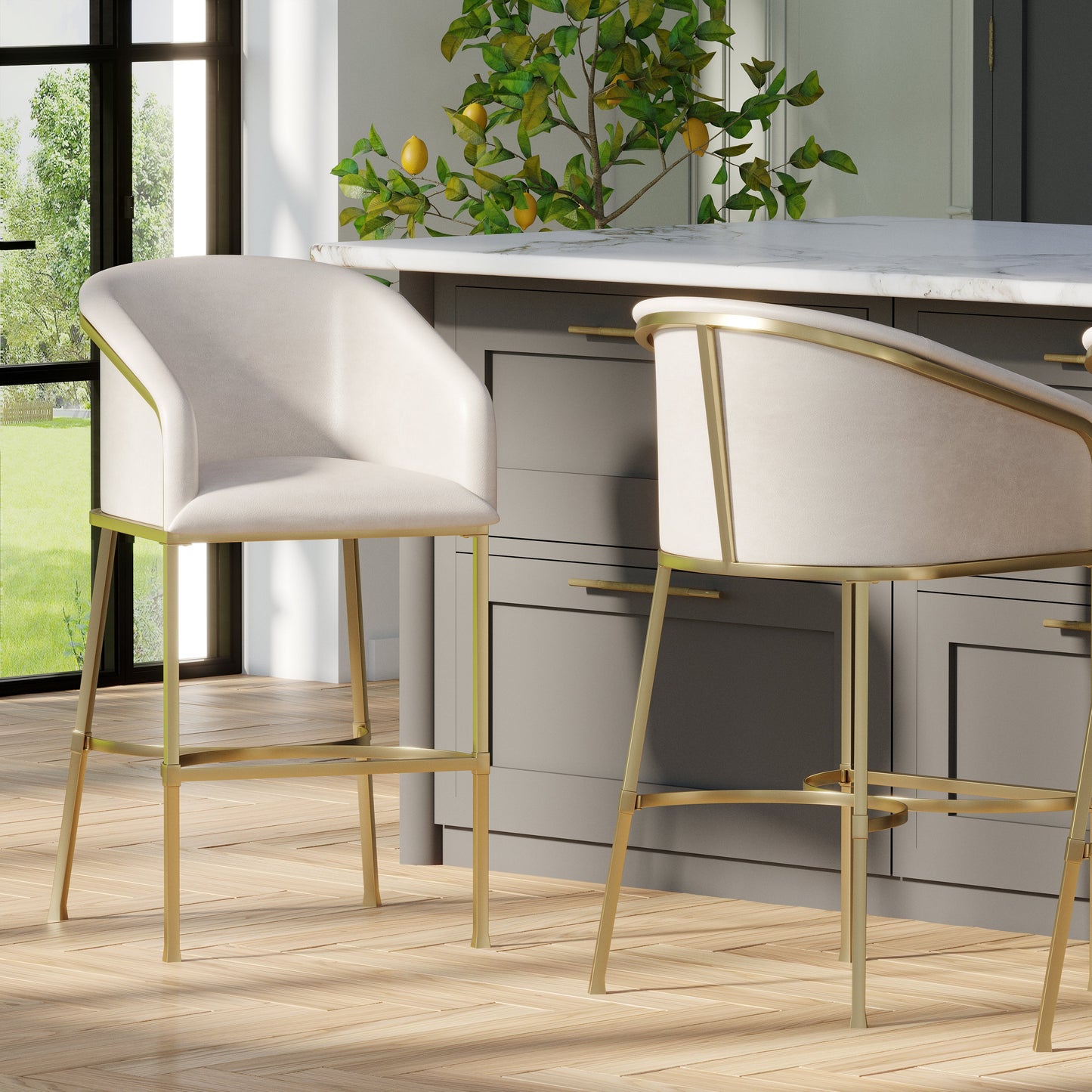 Greensboro Barstool in White with brass accents in a modern kitchen setting.