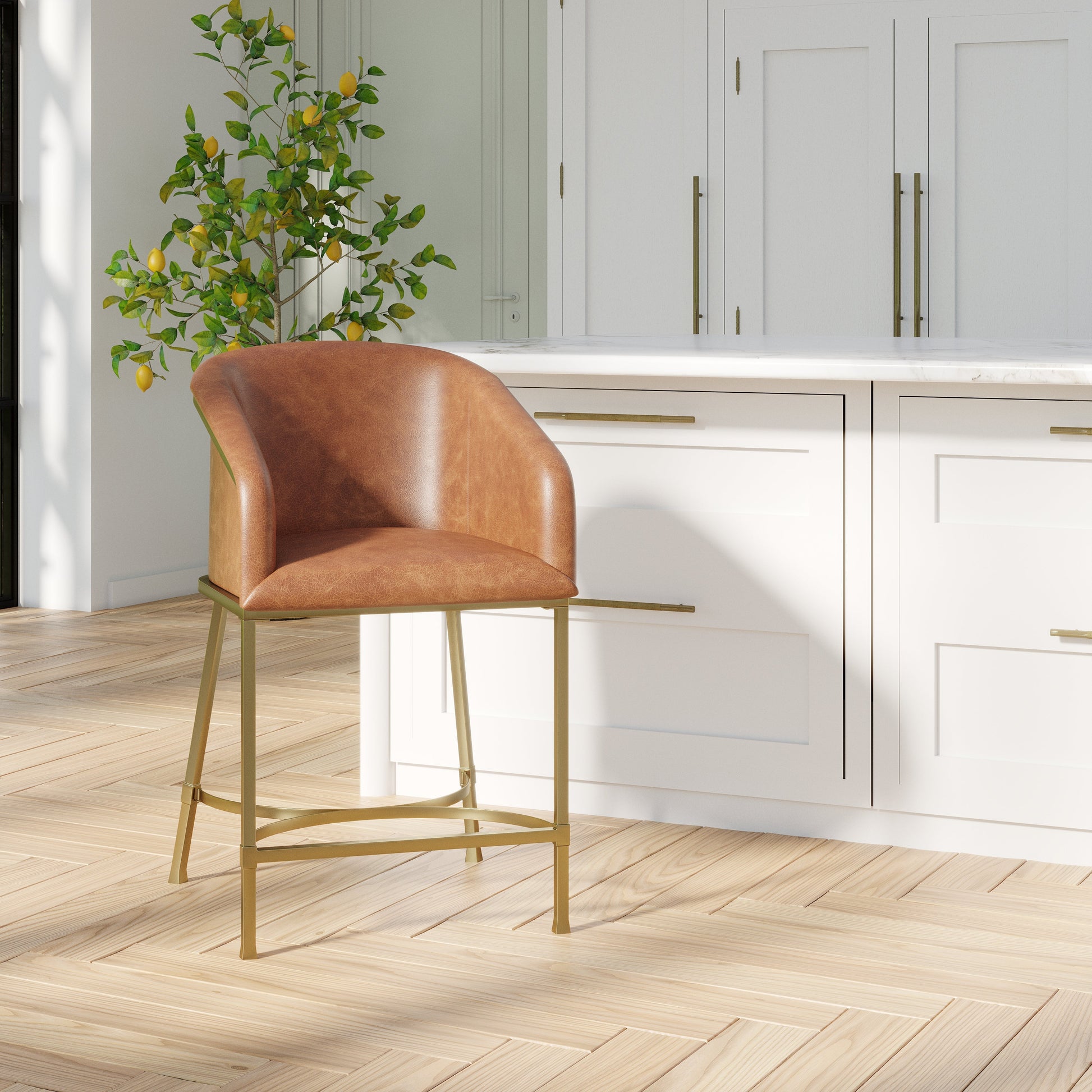 Greensboro Barstool in Brown with premium PU upholstery and brass accents in a modern kitchen setting.