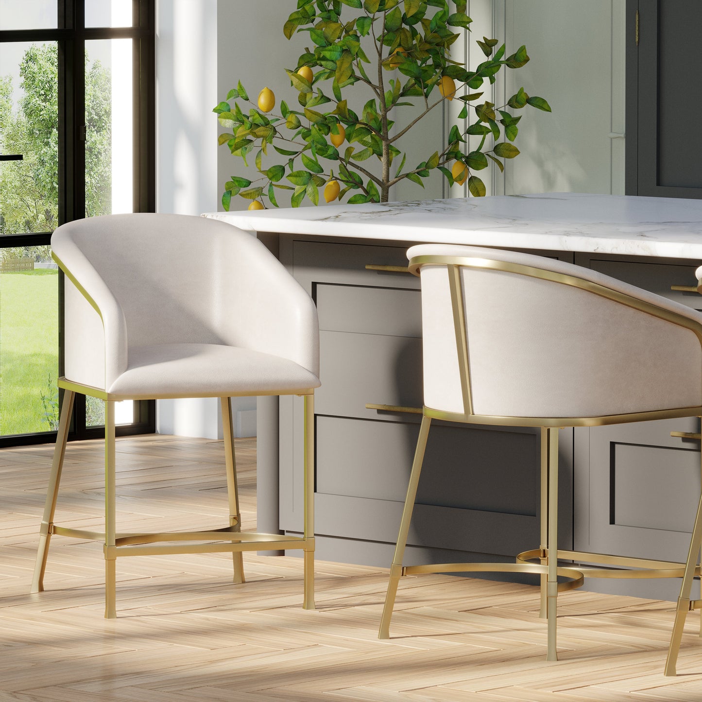 Greensboro Barstool in White with polished brass accents at a modern kitchen island.