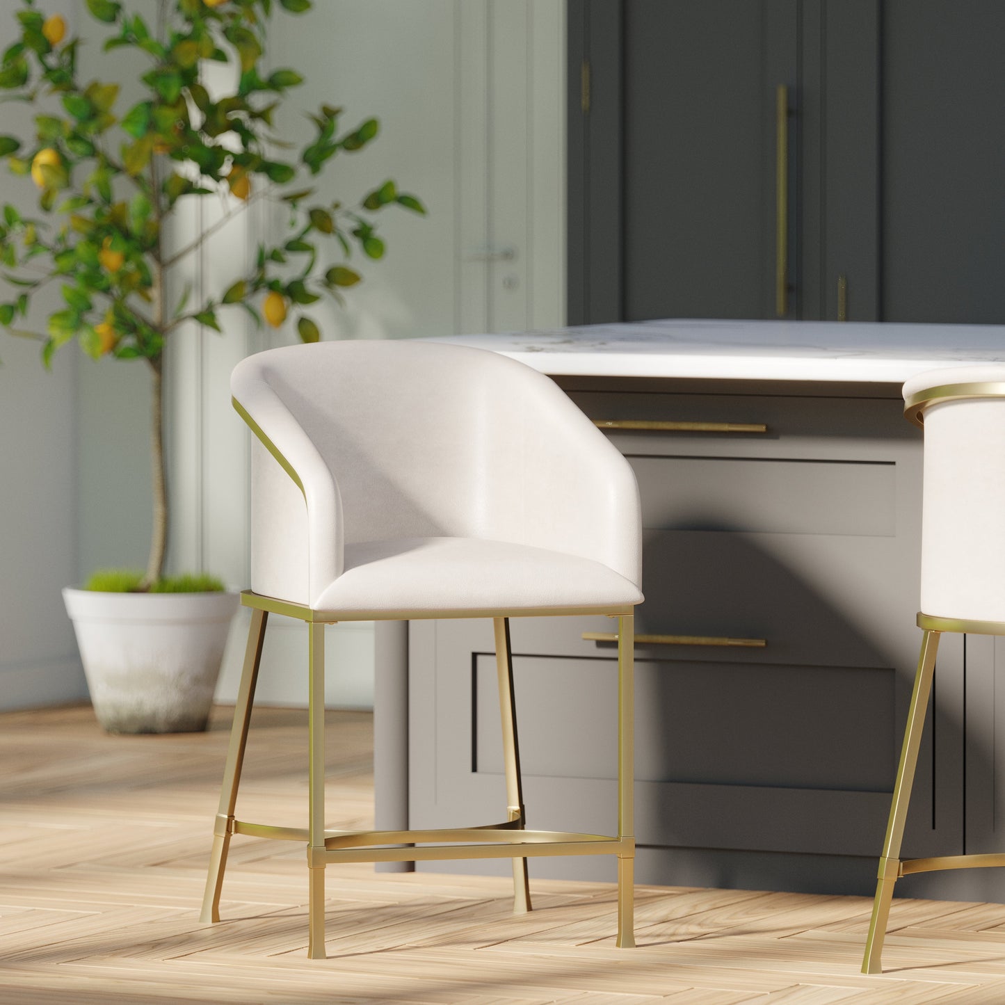 Greensboro Barstool in White featuring premium upholstery and brass accents in a modern kitchen setting.