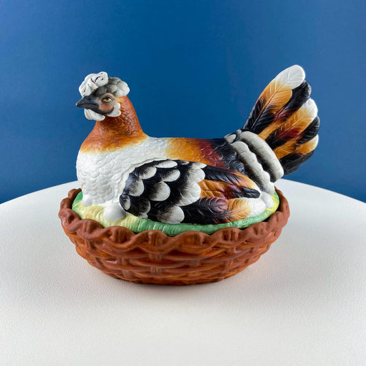 Hand Painted Large Hen in a Basket Covered Serving Bowl. Rare Ceramic Chicken Sitting on Eggs Butter Bowl with Lid. Dining Room Decor