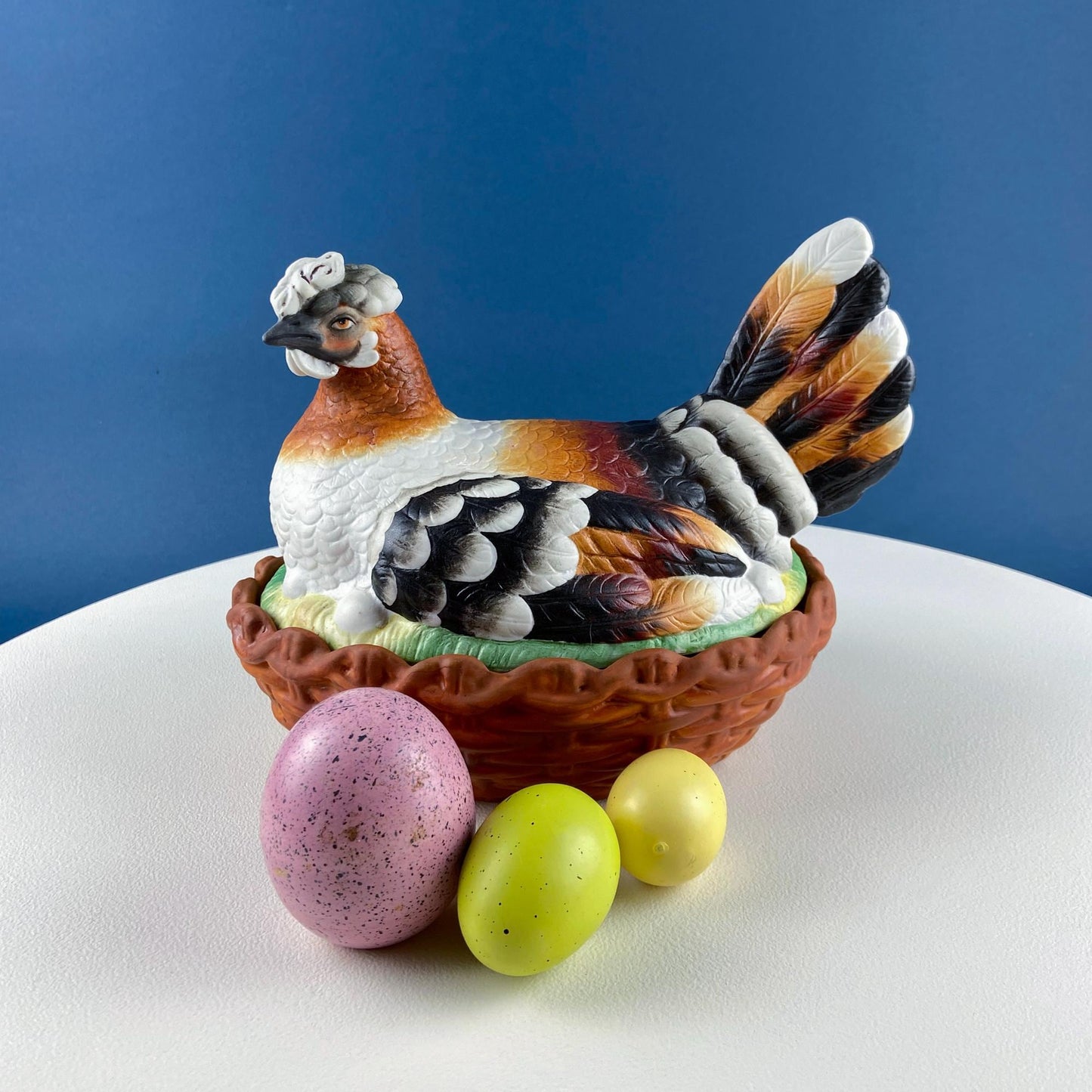 Hand Painted Large Hen in a Basket Covered Serving Bowl. Rare Ceramic Chicken Sitting on Eggs Butter Bowl with Lid. Dining Room Decor