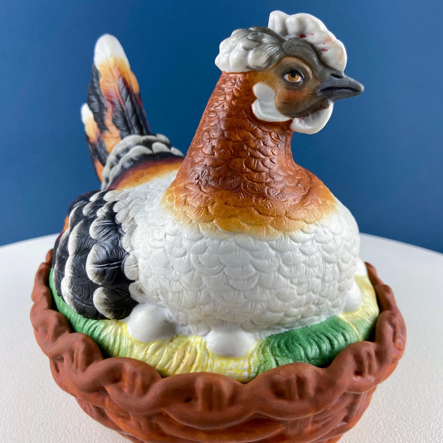 Hand Painted Large Hen in a Basket Covered Serving Bowl. Rare Ceramic Chicken Sitting on Eggs Butter Bowl with Lid. Dining Room Decor