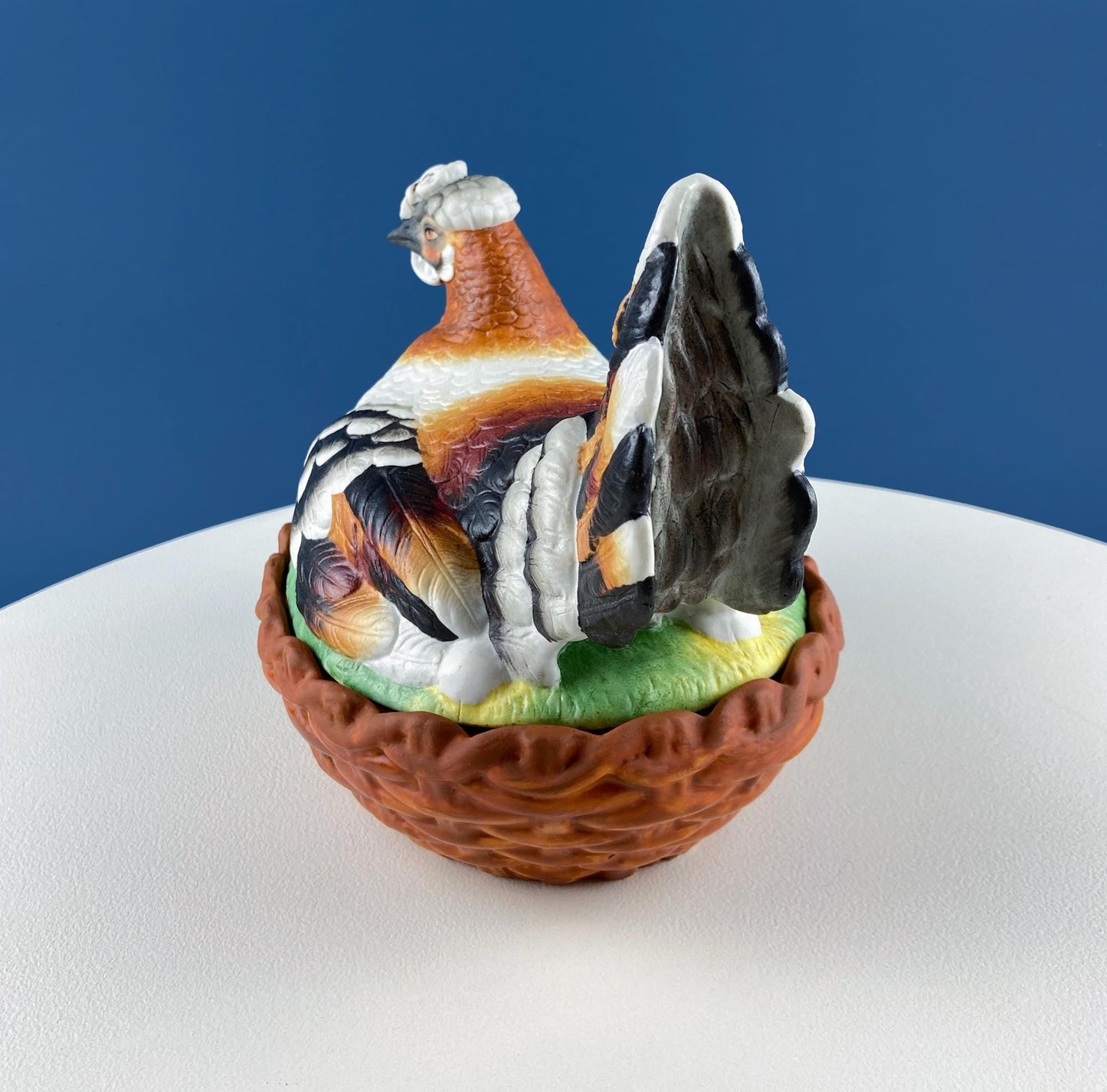 Hand Painted Large Hen in a Basket Covered Serving Bowl. Rare Ceramic Chicken Sitting on Eggs Butter Bowl with Lid. Dining Room Decor