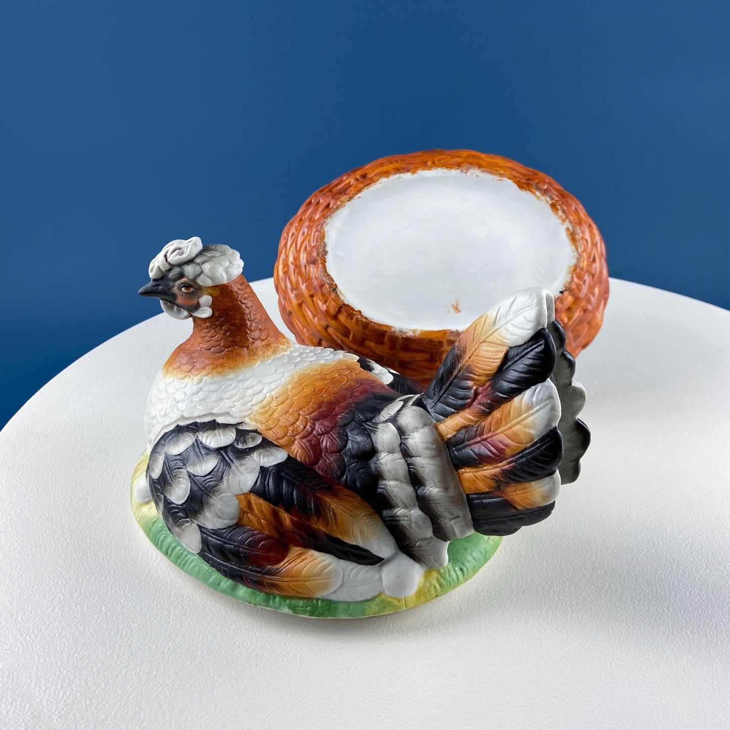 Hand Painted Large Hen in a Basket Covered Serving Bowl. Rare Ceramic Chicken Sitting on Eggs Butter Bowl with Lid. Dining Room Decor