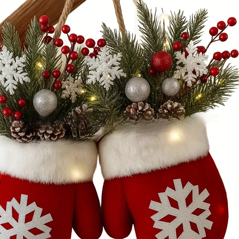 Handmade Mitten Wreath - Red Faux Fur Trim with Golden Accents & Snowflake Design