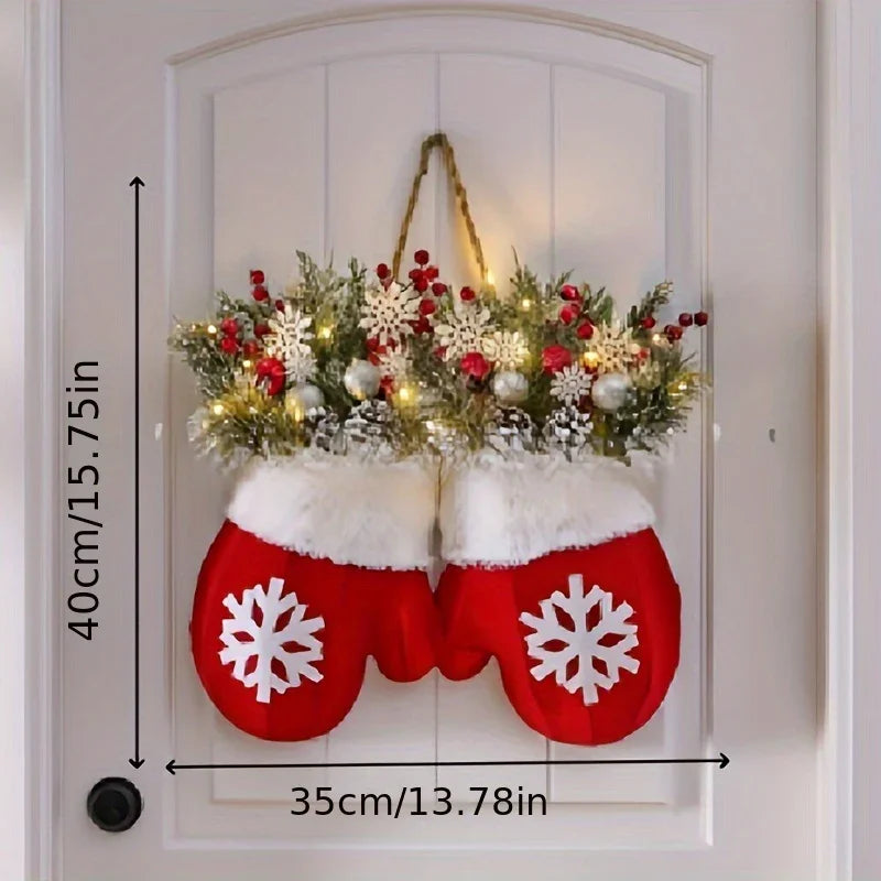 Handmade Mitten Wreath - Red Faux Fur Trim with Golden Accents & Snowflake Design