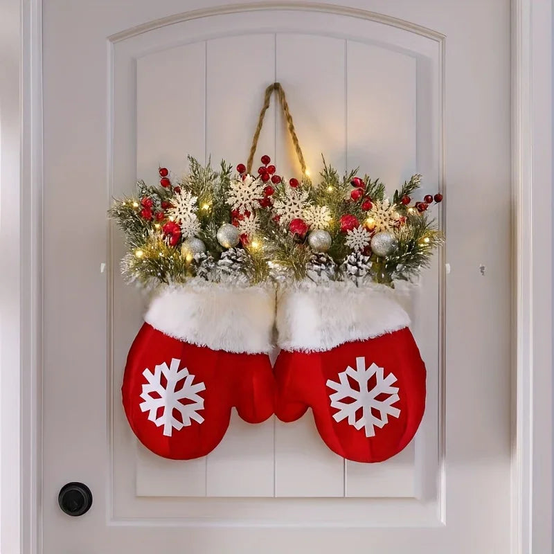 Handmade Mitten Wreath - Red Faux Fur Trim with Golden Accents & Snowflake Design
