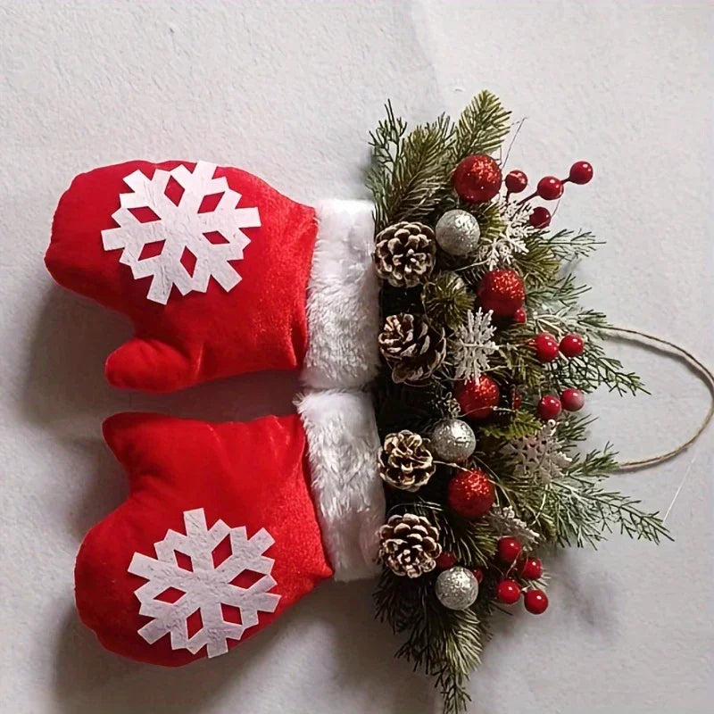 Handmade Mitten Wreath - Red Faux Fur Trim with Golden Accents & Snowflake Design