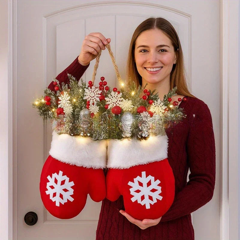 Handmade Mitten Wreath - Red Faux Fur Trim with Golden Accents & Snowflake Design