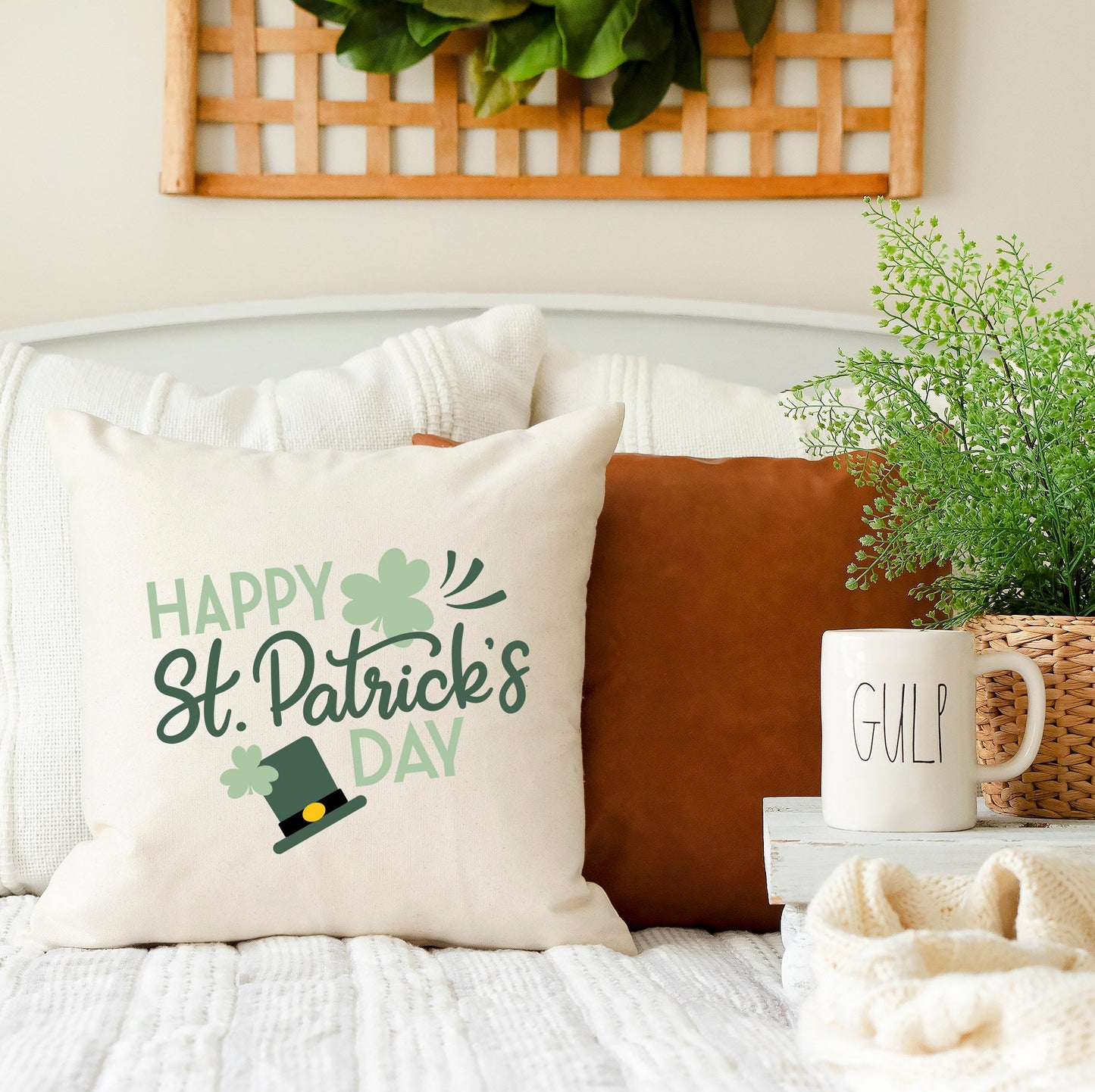 Happy St. Patrick's Day 18x18 inch Pillow Cover featuring a festive design with a shamrock and a hat.
