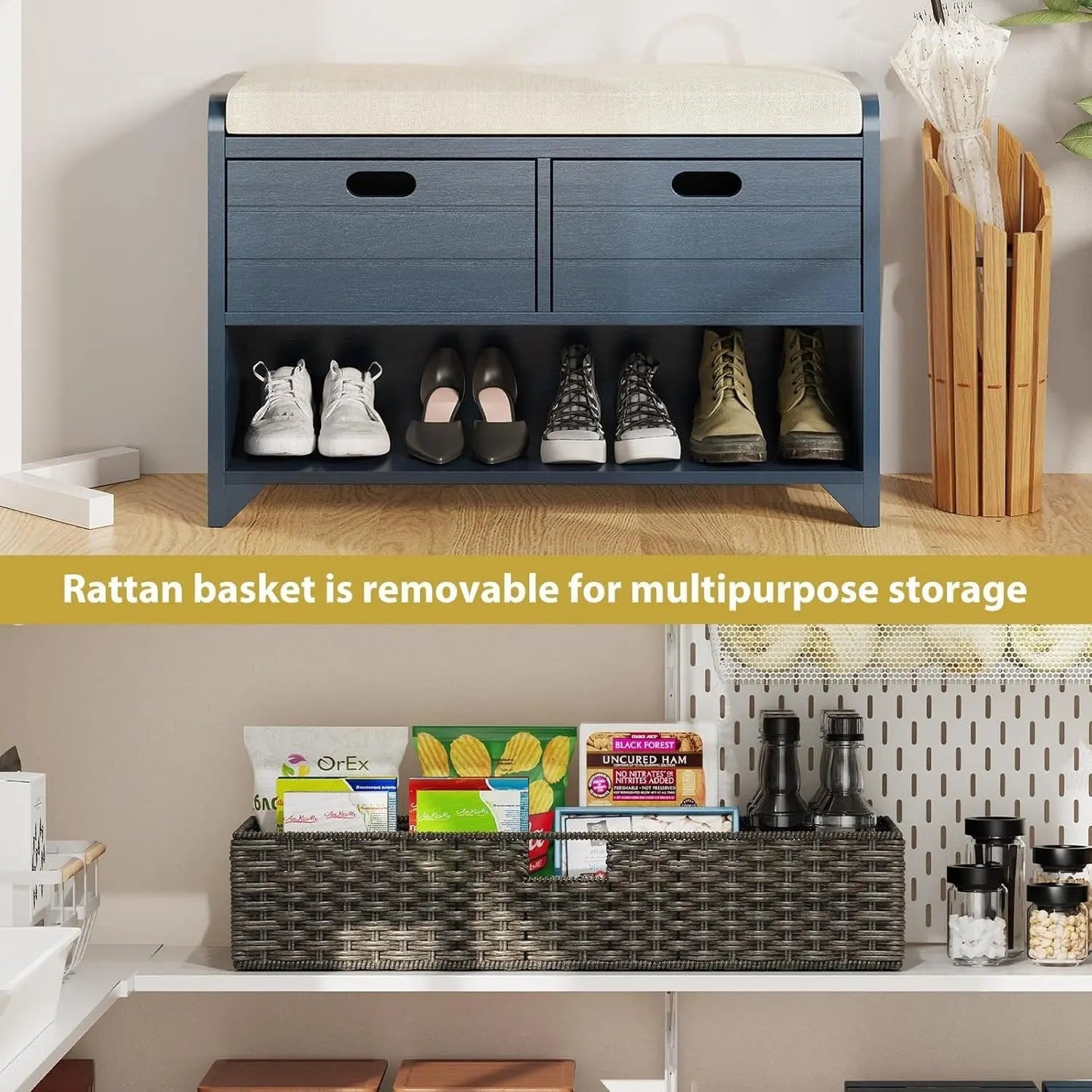 Hausvita 32" Storage Bench for Entryway, Shoe Bench with Storage Removable Basket and 2 Drawers