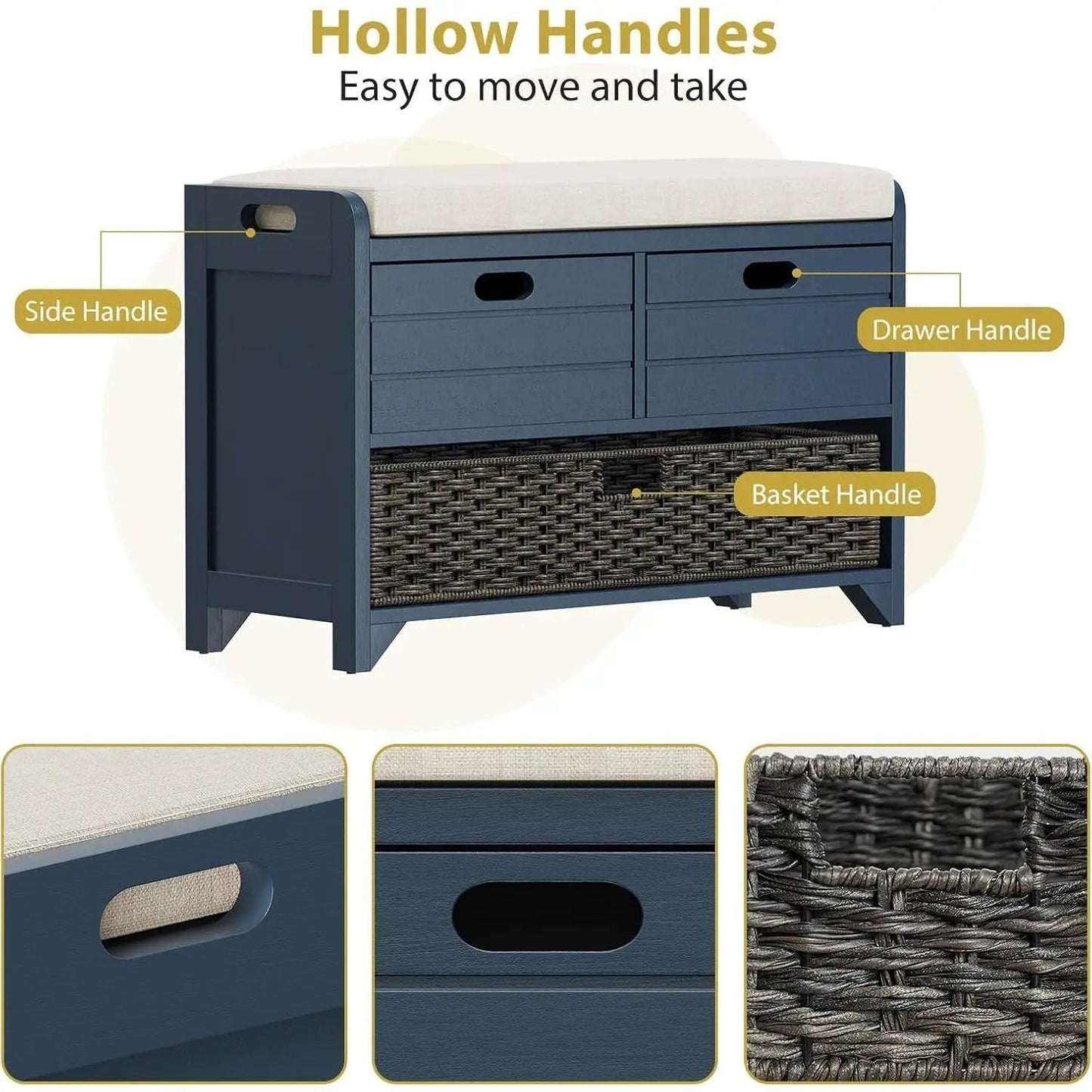 Hausvita 32" Storage Bench for Entryway, Shoe Bench with Storage Removable Basket and 2 Drawers