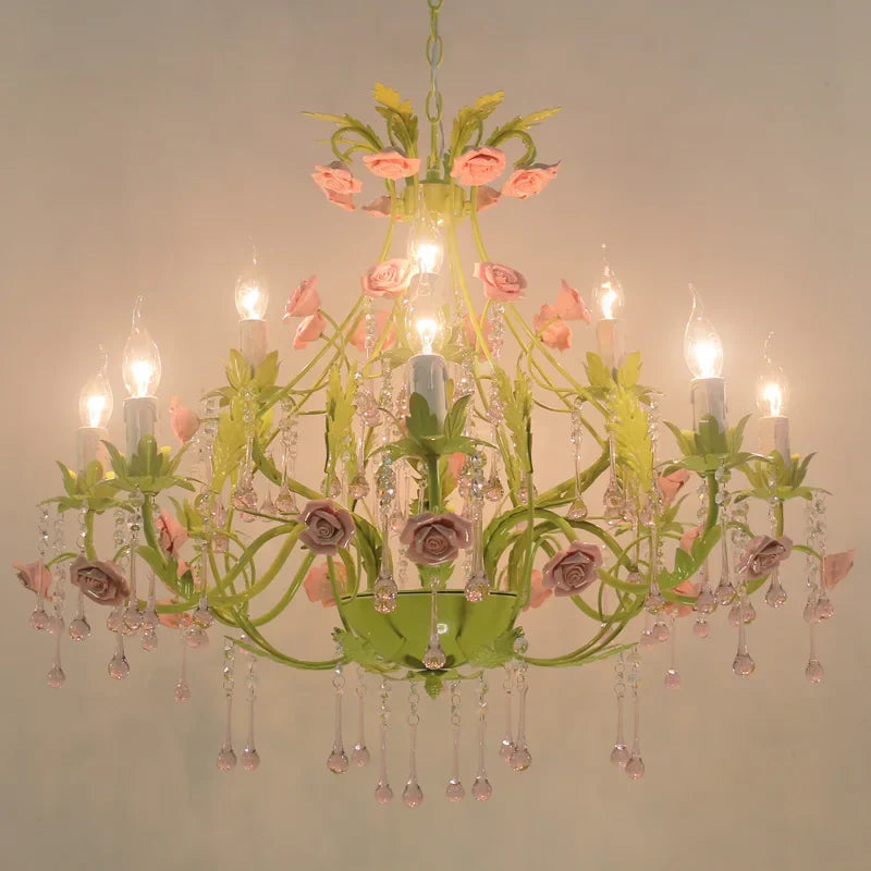 European Rose Flower Chandelier - Green Lustre Light in 6L/8L/12L Sizes, E14 Decoration Light Fixture in Pink