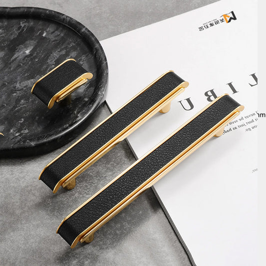 Black Leather and Gold Zinc Alloy Cabinet Handle – Luxury Drawer Pull for Wardrobes and Dressers (128mm)