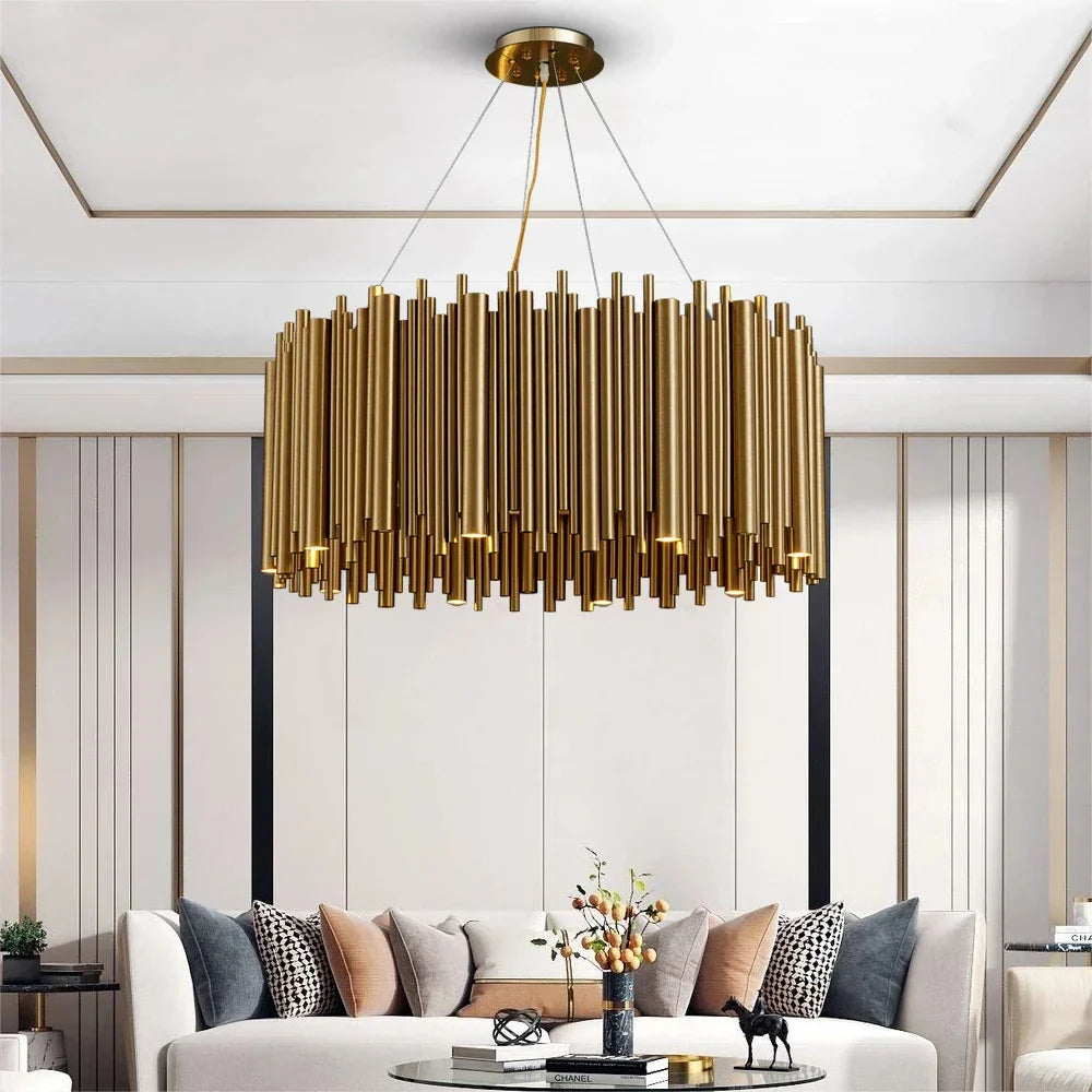 Luxury Gold LED Chandelier for Living Room - Round Hanging Lamp with Modern Creative Design