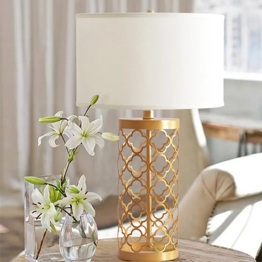 American Golden Wrought Iron Hollow Pattern Table Lamp - Luxury Bedside LED Desk Lighting