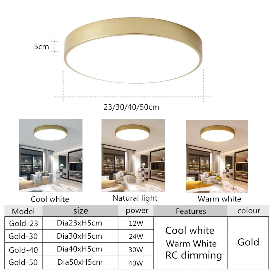 Modern Round Gold LED Ceiling Light - Ultra-Thin 5cm Surface Mount with Remote Control