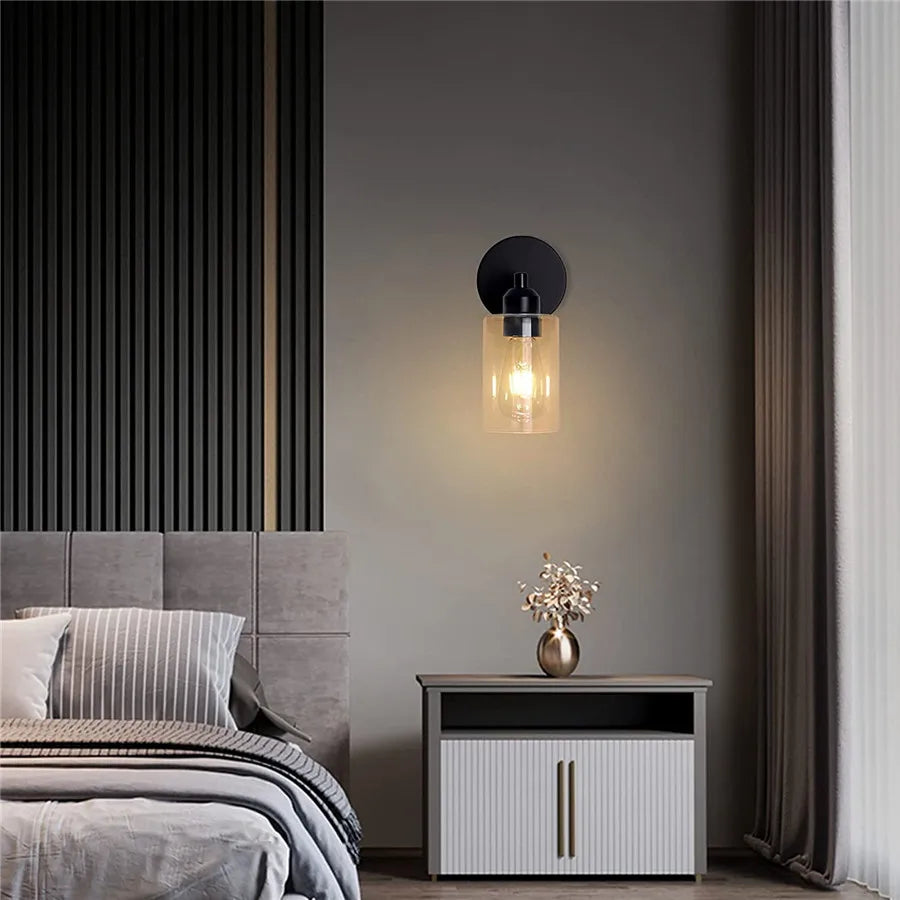 Vintage Industrial 2-Light Bathroom Vanity Light Fixtures - Matte Black Metal and Glass Sconces