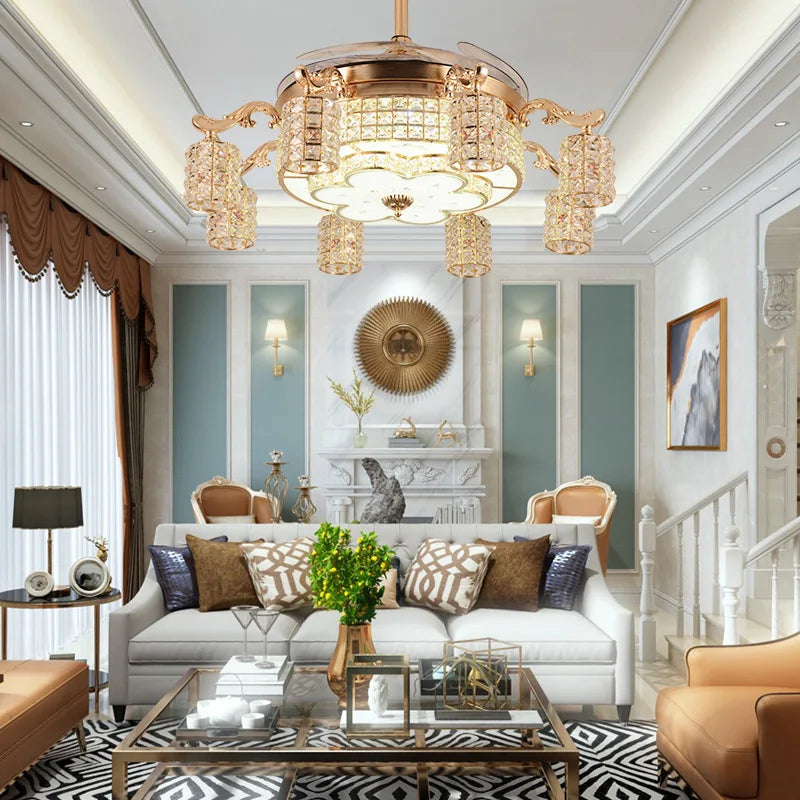 LED Crystal Gold Fan Lights Living Room Modern Fan With Remote Control Luxury Ceiling Fans 110V 260V Ceiling Fans Lighting