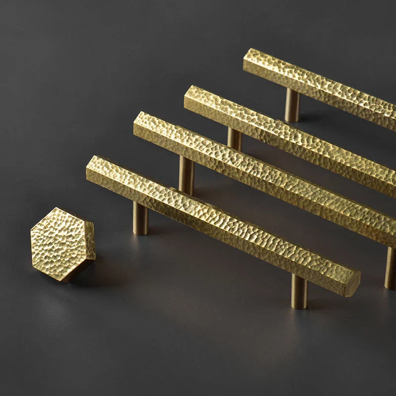 LUX Brass Hammered Hexagonal T-Bar Handles – Long Cabinet and Wardrobe Pulls (600mm/1000mm)