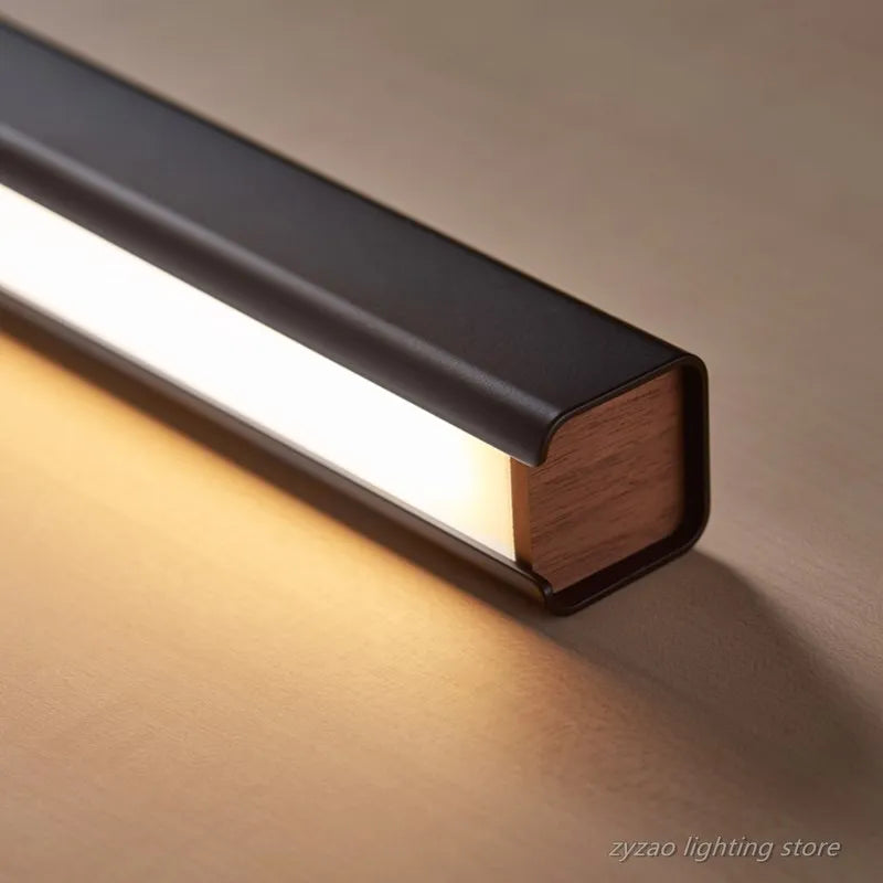 Sleek Wooden Line LED Pendant Lamp - Modern Minimalist Lighting for Office, Dining Room, Cafe, and Bar Decor