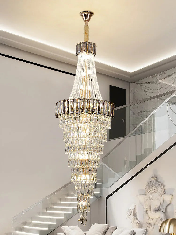 Large Modern Crystal Chandelier For Staircase Luxury Amber Smoky Gray Home Decor Hanging Light Fixture Long Hall Lobby Led  Lamp