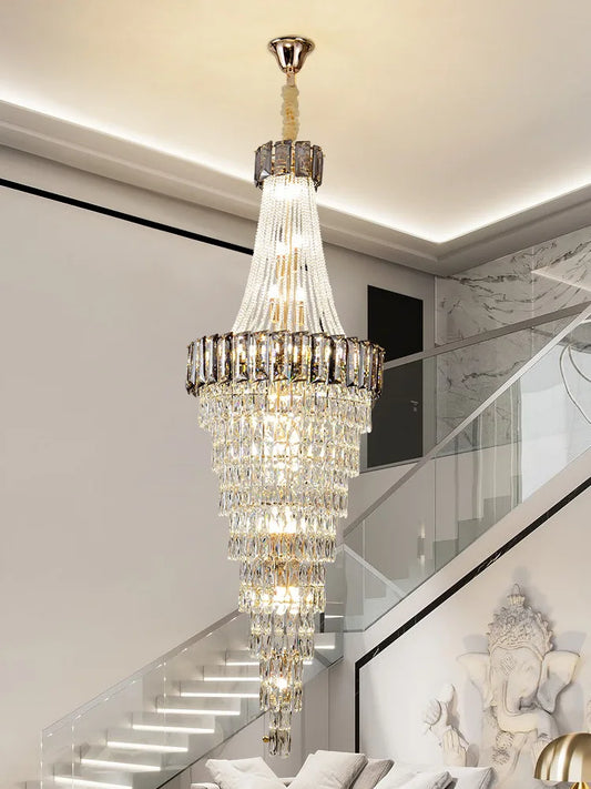Large Modern Crystal Chandelier For Staircase Luxury Amber Smoky Gray Home Decor Hanging Light Fixture Long Hall Lobby Led  Lamp