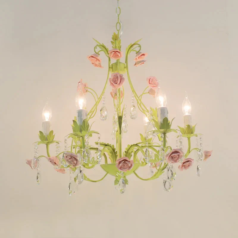 European Rose Flower Chandelier - Green Lustre Light in 6L/8L/12L Sizes, E14 Decoration Light Fixture in Pink