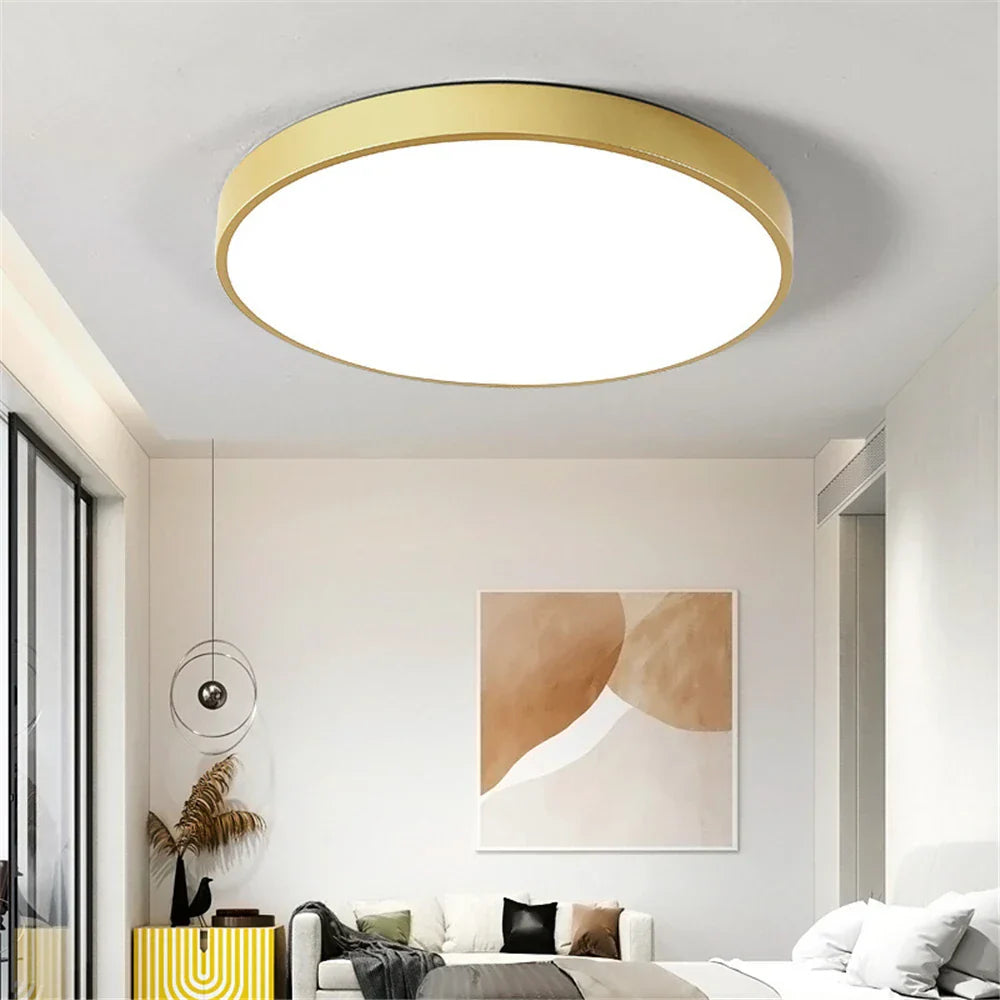 Modern Round Gold LED Ceiling Light - Ultra-Thin 5cm Surface Mount with Remote Control