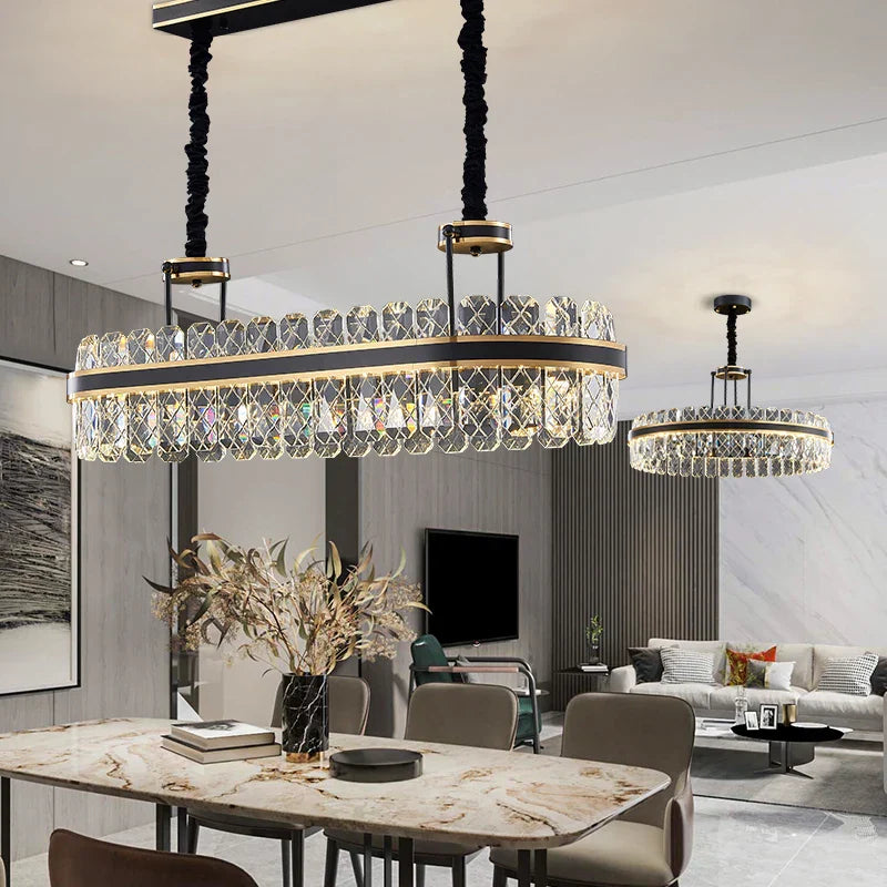 Crystal Chandelier - Modern Minimalist LED Black Leather Design for Living Rooms, Bedrooms, and Dining Spaces
