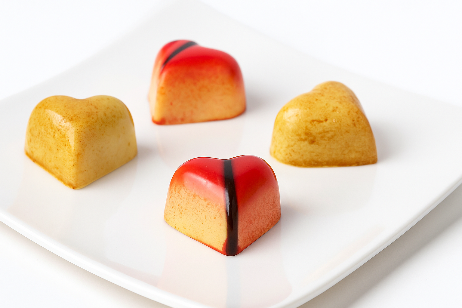 Heart-shaped candies with red and black accents on a white plate