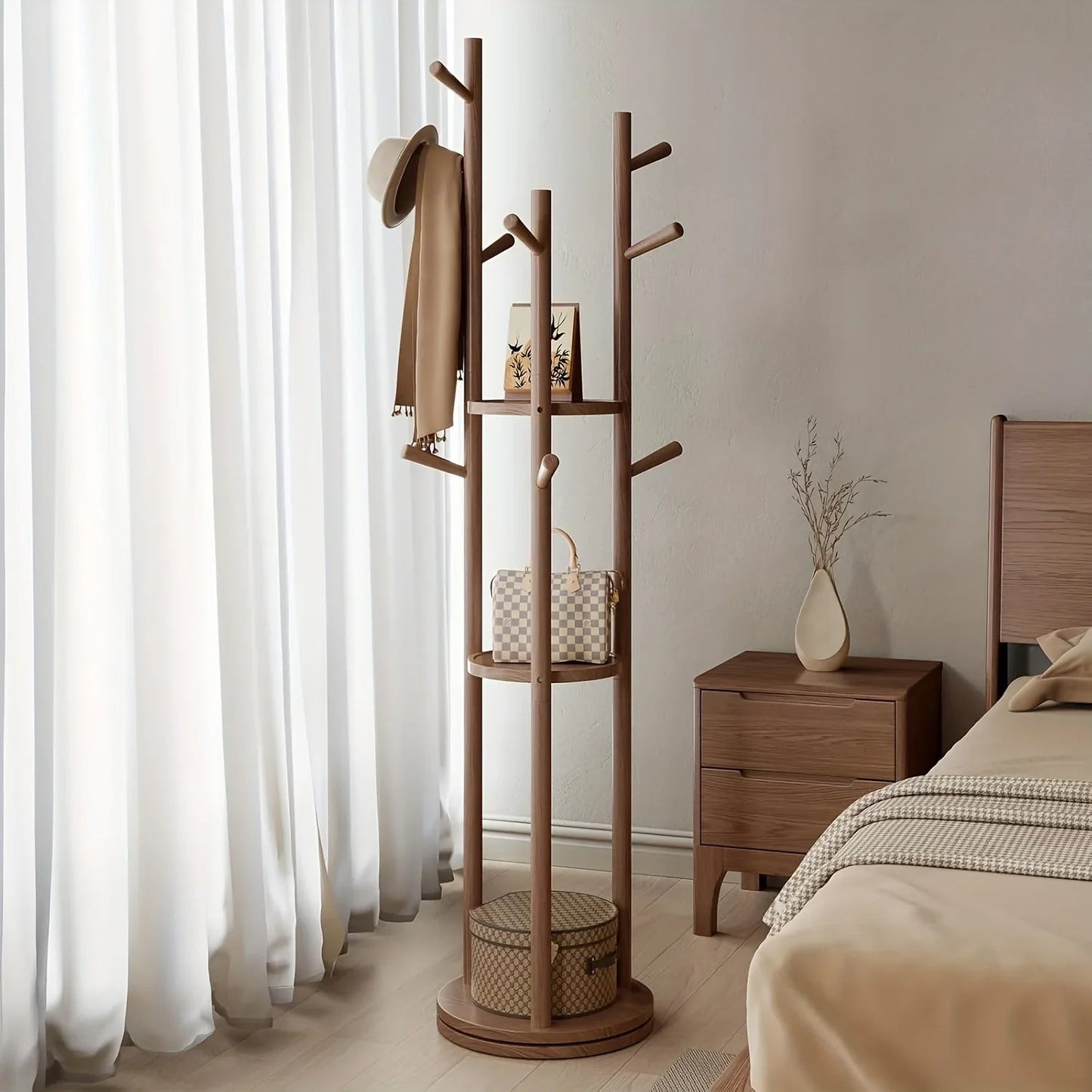 Heavy-Duty Freestanding Clothes Rack with 3-Tier Shelves & 9 Hooks - No Assembly Needed, Space-Saving Organizer Stand for Entryway, Bedroom, Office - Sturdy Hardwood Construction, Modern Minimalist Design for Coats, Hats, Bag