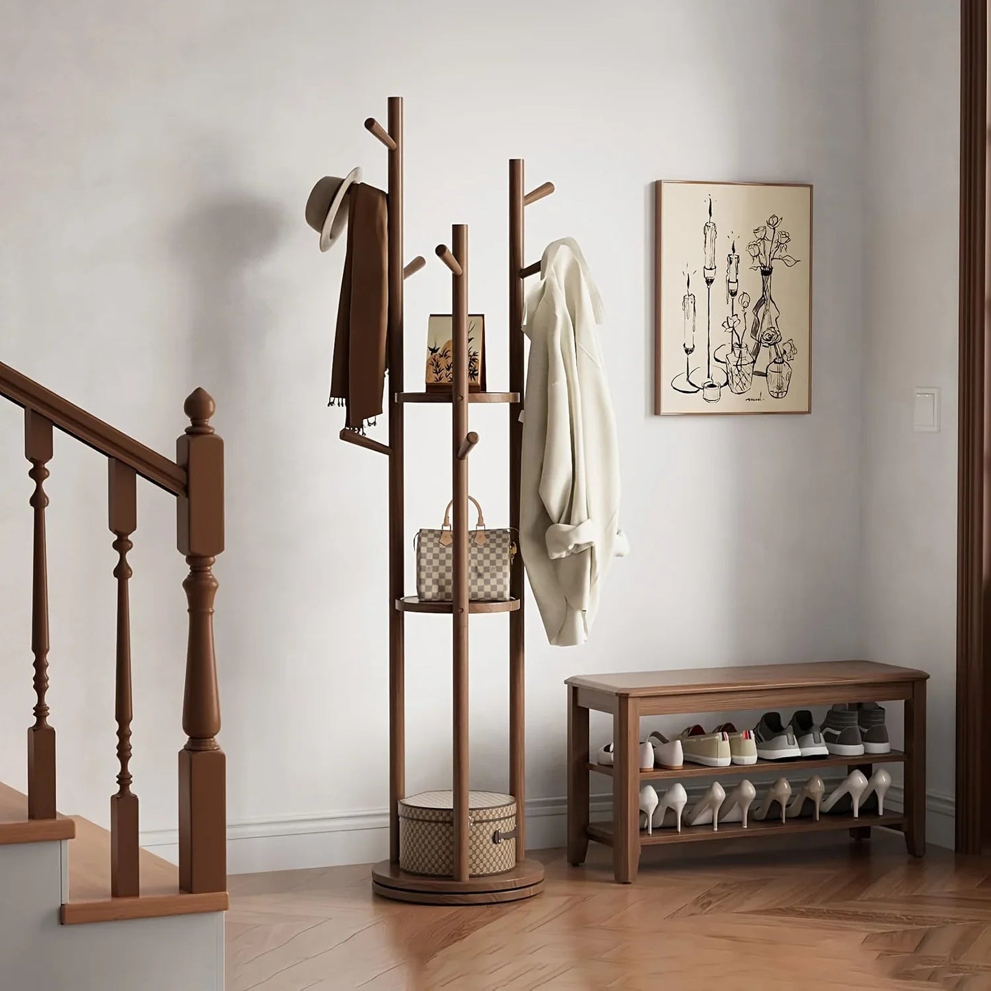 Heavy-Duty Freestanding Clothes Rack with 3-Tier Shelves & 9 Hooks - No Assembly Needed, Space-Saving Organizer Stand for Entryway, Bedroom, Office - Sturdy Hardwood Construction, Modern Minimalist Design for Coats, Hats, Bag