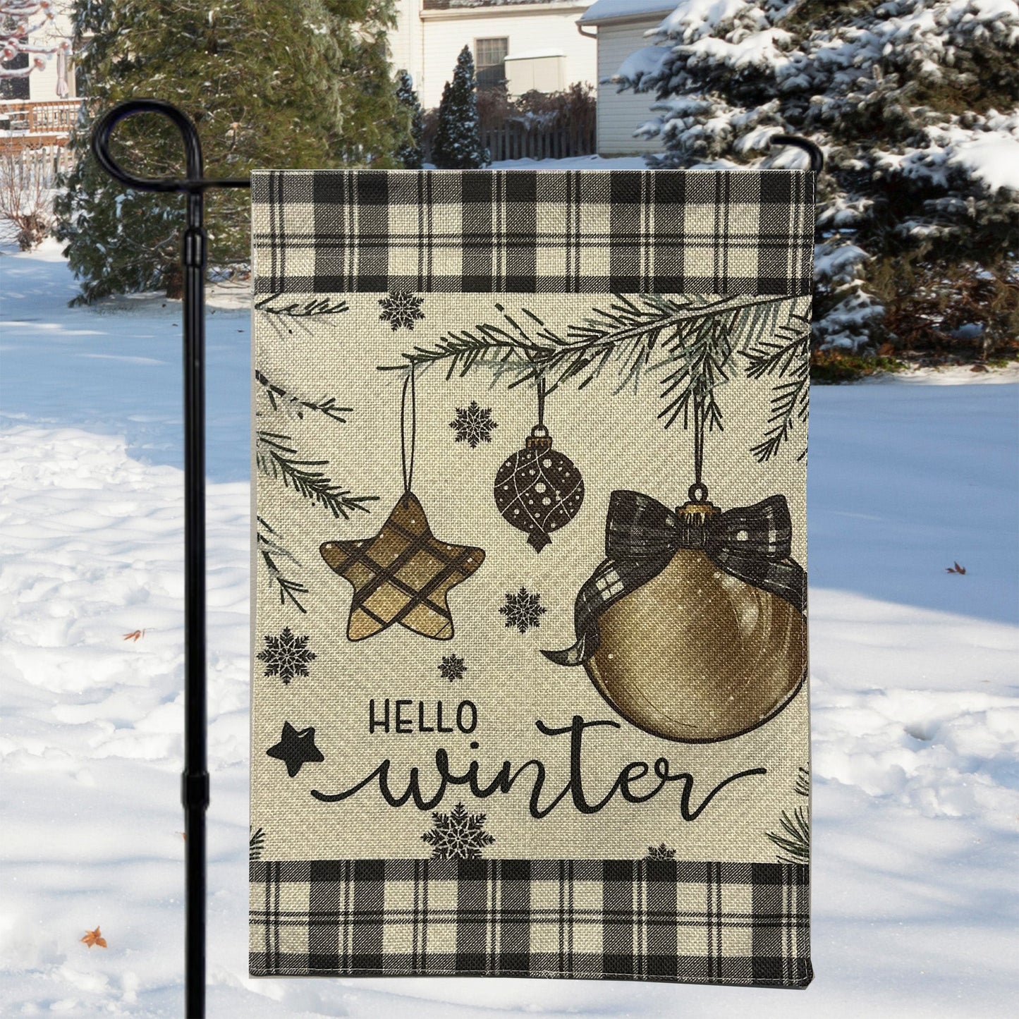 Hello Winter Ornaments Garden Flag featuring festive tree ornaments and a cheerful design for winter decoration.