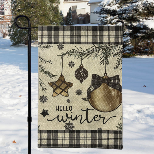 Hello Winter Ornaments Garden Flag featuring festive tree ornaments and a cheerful design for winter decoration.