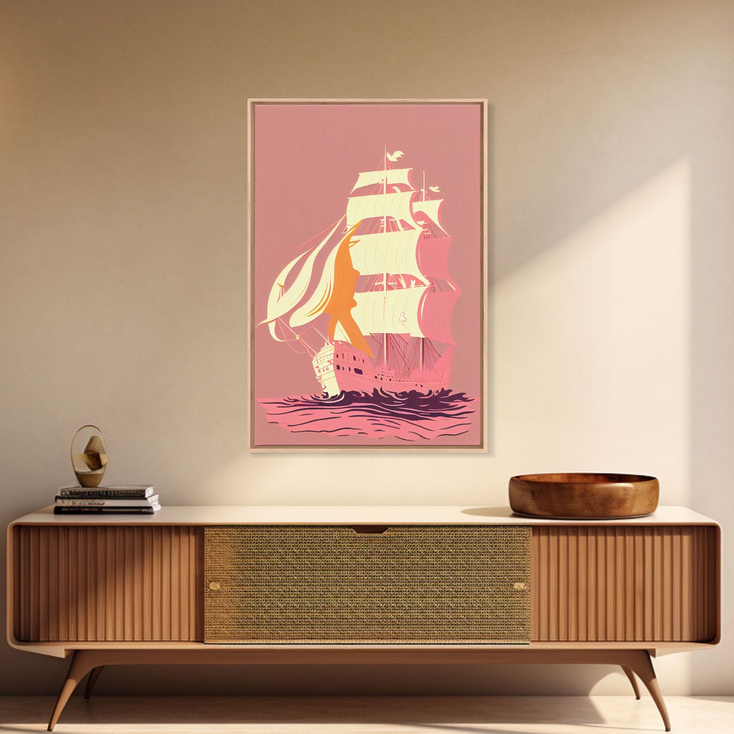 Pastel pirate ship, pink boat, vaporwave pirate ship, framed canvas print, framed wall art