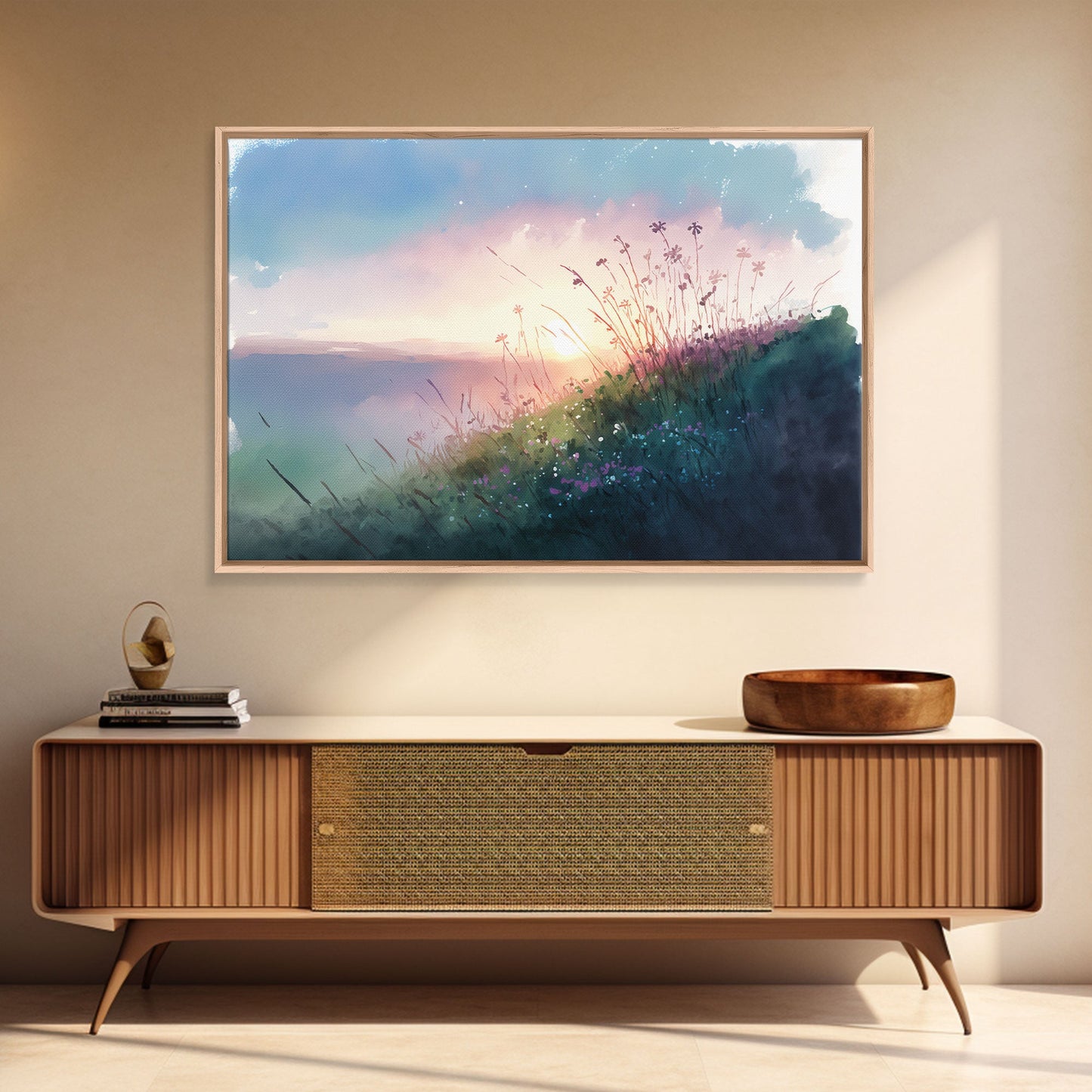Serene Sunset, Watercolor Landscape Art, Framed Canvas Print, colorful wall art, above couch living room art